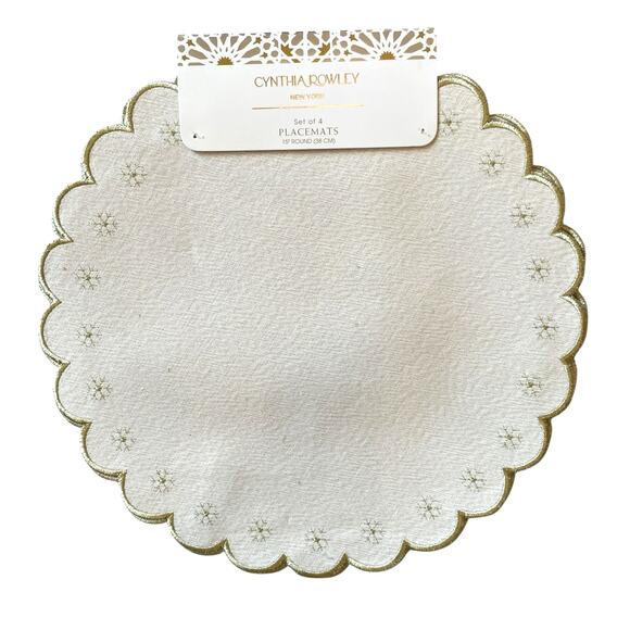 4pc Cynthia Rowley Snowflake Placemats 15in Scalloped Metallic Gold & Cream NEW - Picture 1 of 10